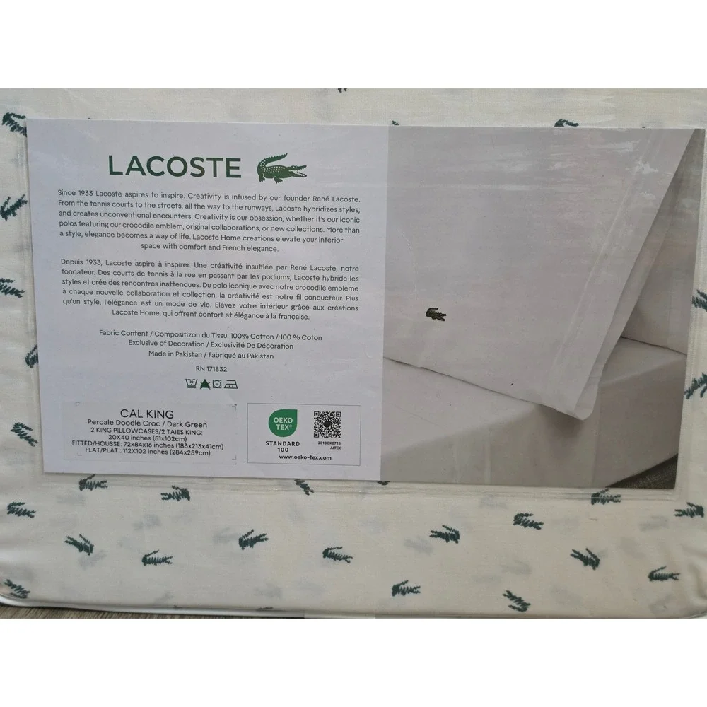 Lacoste Cal King 4pc Sheet Set 100% Cotton Percale Doodle Croc White Dark Green